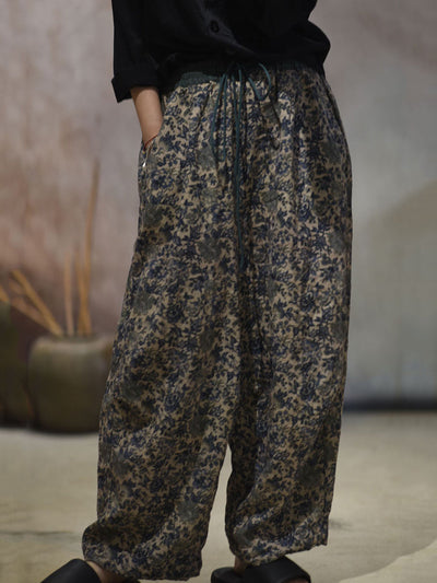Women Summer Vintage Flower Linen Straight Pants