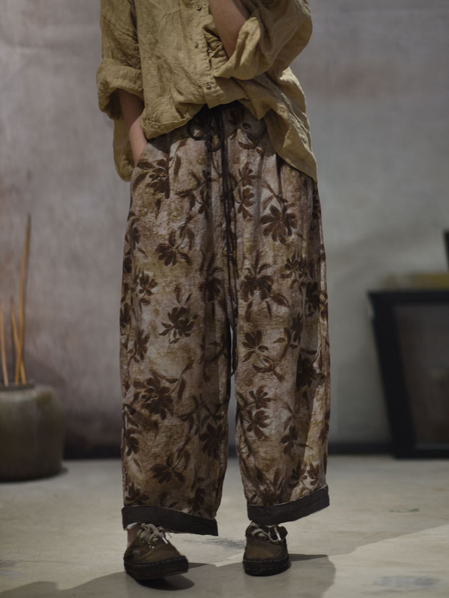 Women Summer Vintage Flower Linen Straight Pants