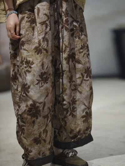 Women Summer Vintage Flower Linen Straight Pants