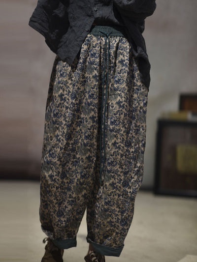 Women Summer Vintage Flower Linen Straight Pants