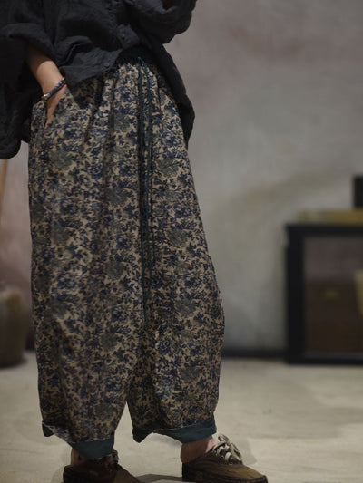 Women Summer Vintage Flower Linen Straight Pants