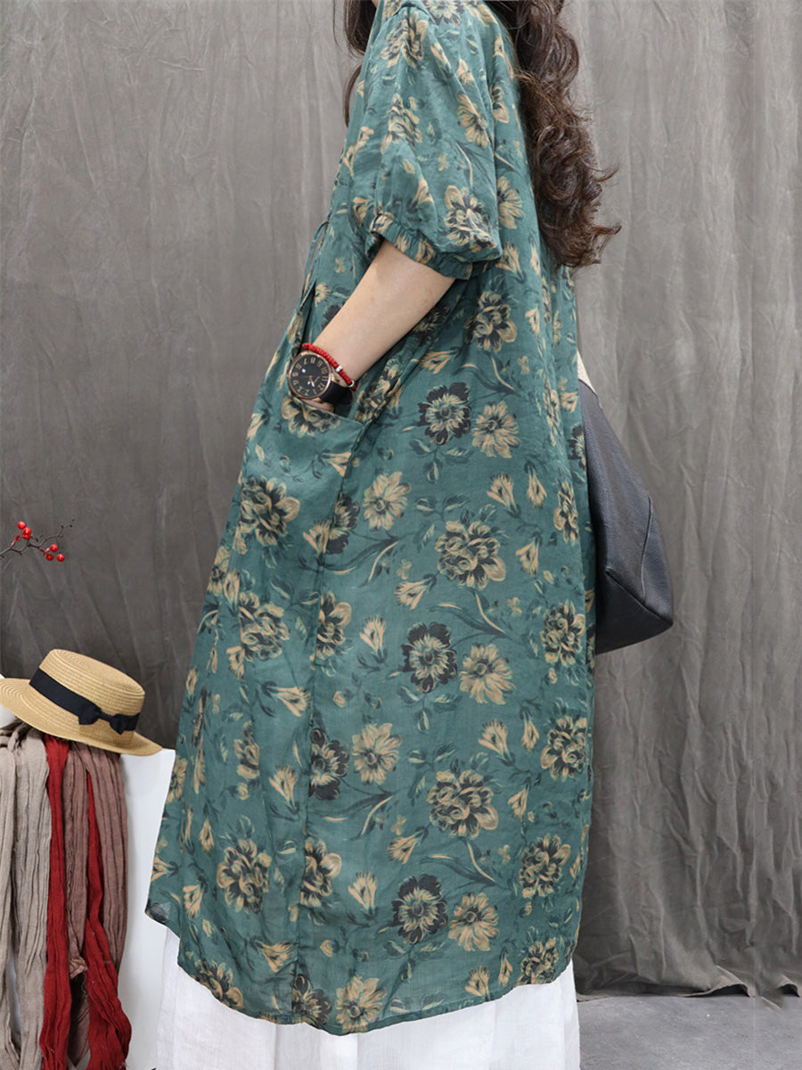 Women Summer Artsy Flower V-Neck 100%Ramie Dress