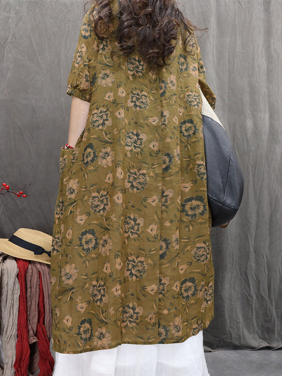 Women Summer Artsy Flower V-Neck 100%Ramie Dress