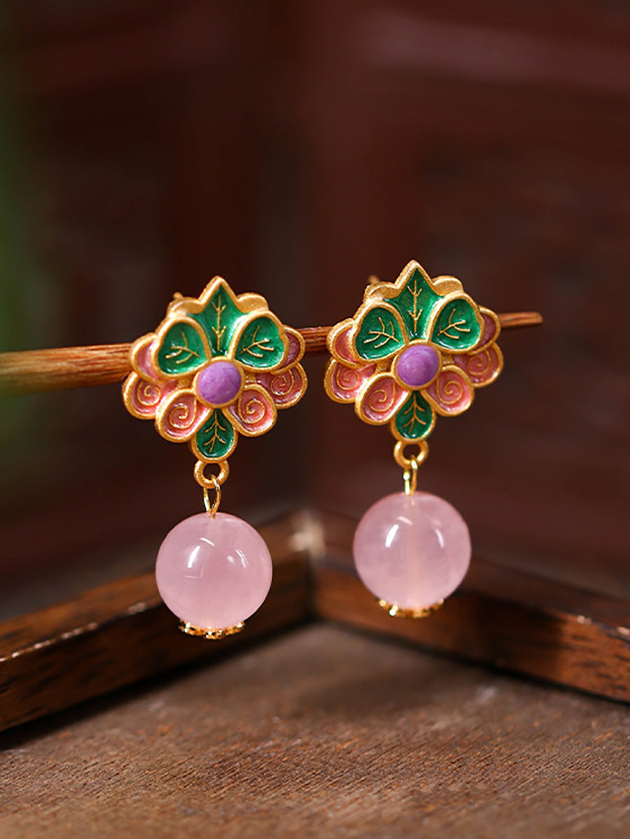 Women Ethnic Flower Jade 24K Gold Plating Earrings