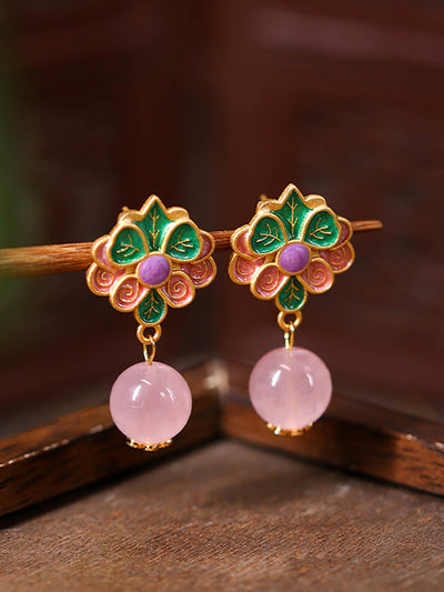 Women Ethnic Flower Jade 24K Gold Plating Earrings