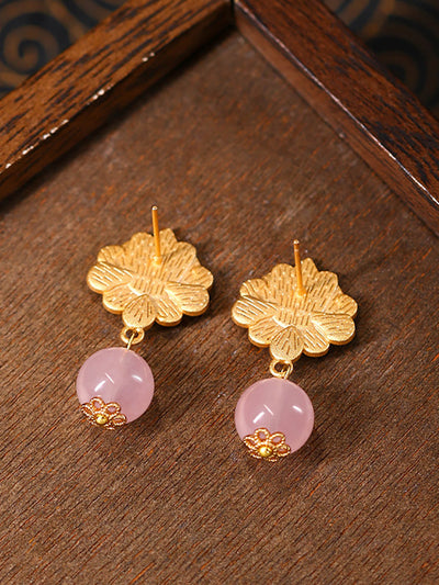 Women Ethnic Flower Jade 24K Gold Plating Earrings