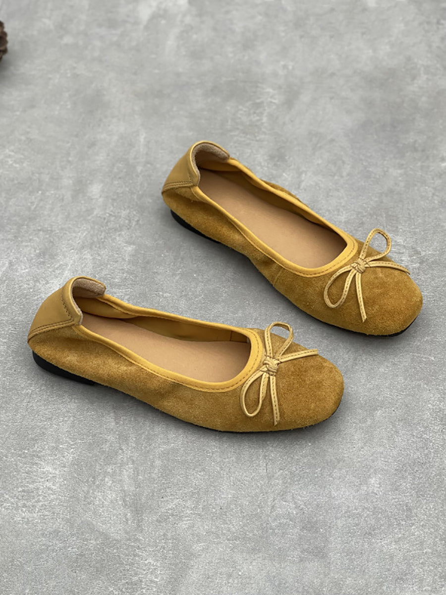 Women Artsy Suded Leather Bowknot Low Heel Shoes
