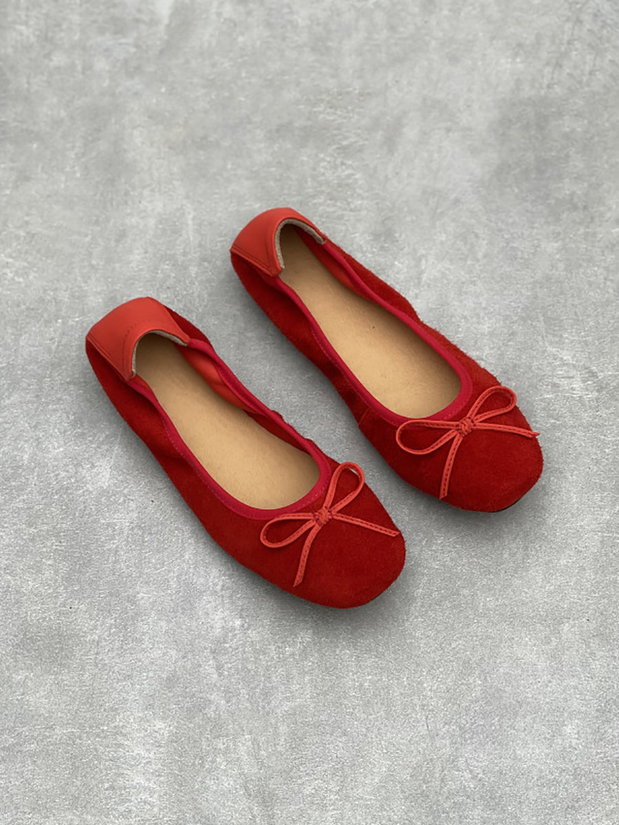 Women Artsy Suded Leather Bowknot Low Heel Shoes