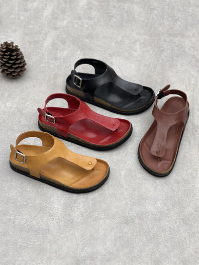 Women Vintage Summer Genuine Leather Low Heel Sandals