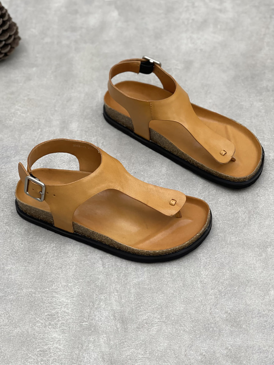 Women Vintage Summer Genuine Leather Low Heel Sandals