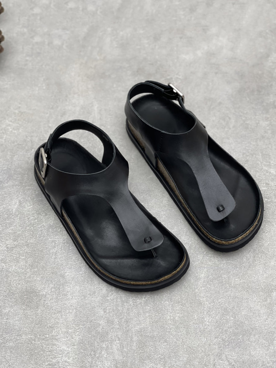 Women Vintage Summer Genuine Leather Low Heel Sandals