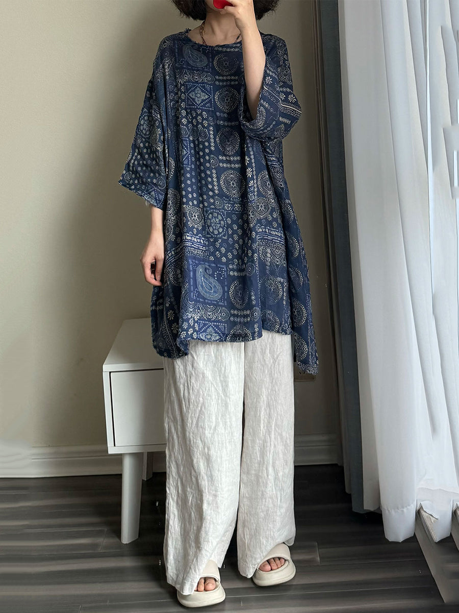 Plus Size Women Summer Vintage Flower O-neck 100%Raime Shirt