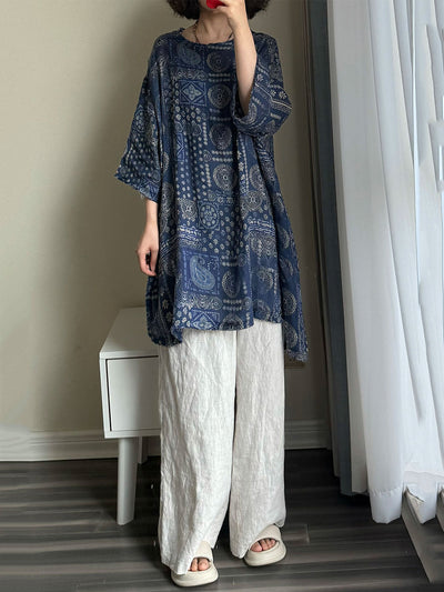 Plus Size Women Summer Vintage Flower O-neck 100%Raime Shirt