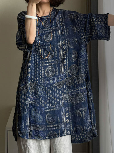 Plus Size Women Summer Vintage Flower O-neck 100%Raime Shirt