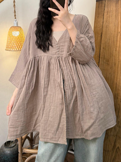 Women Summer Retro Pure Color Ramie V-Neck Shirt