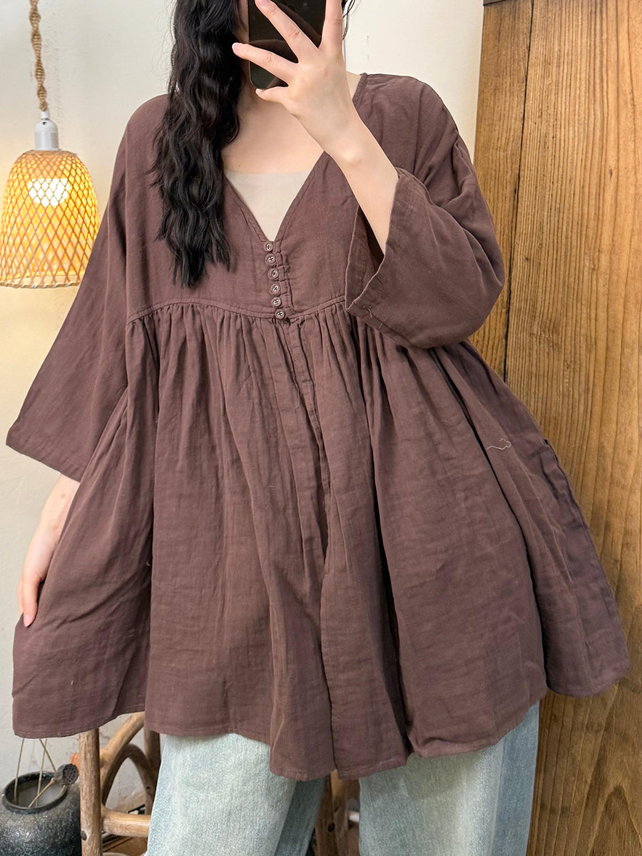 Women Summer Retro Pure Color Ramie V-Neck Shirt