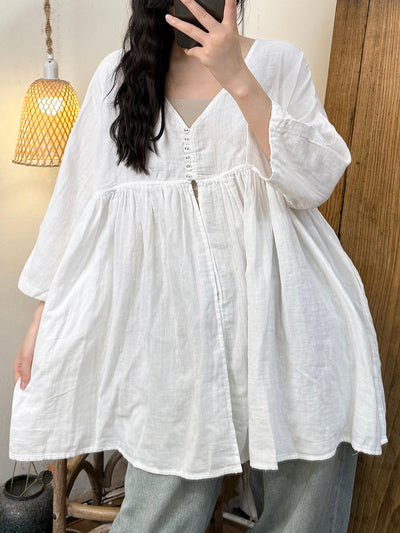 Women Summer Retro Pure Color Ramie V-Neck Shirt