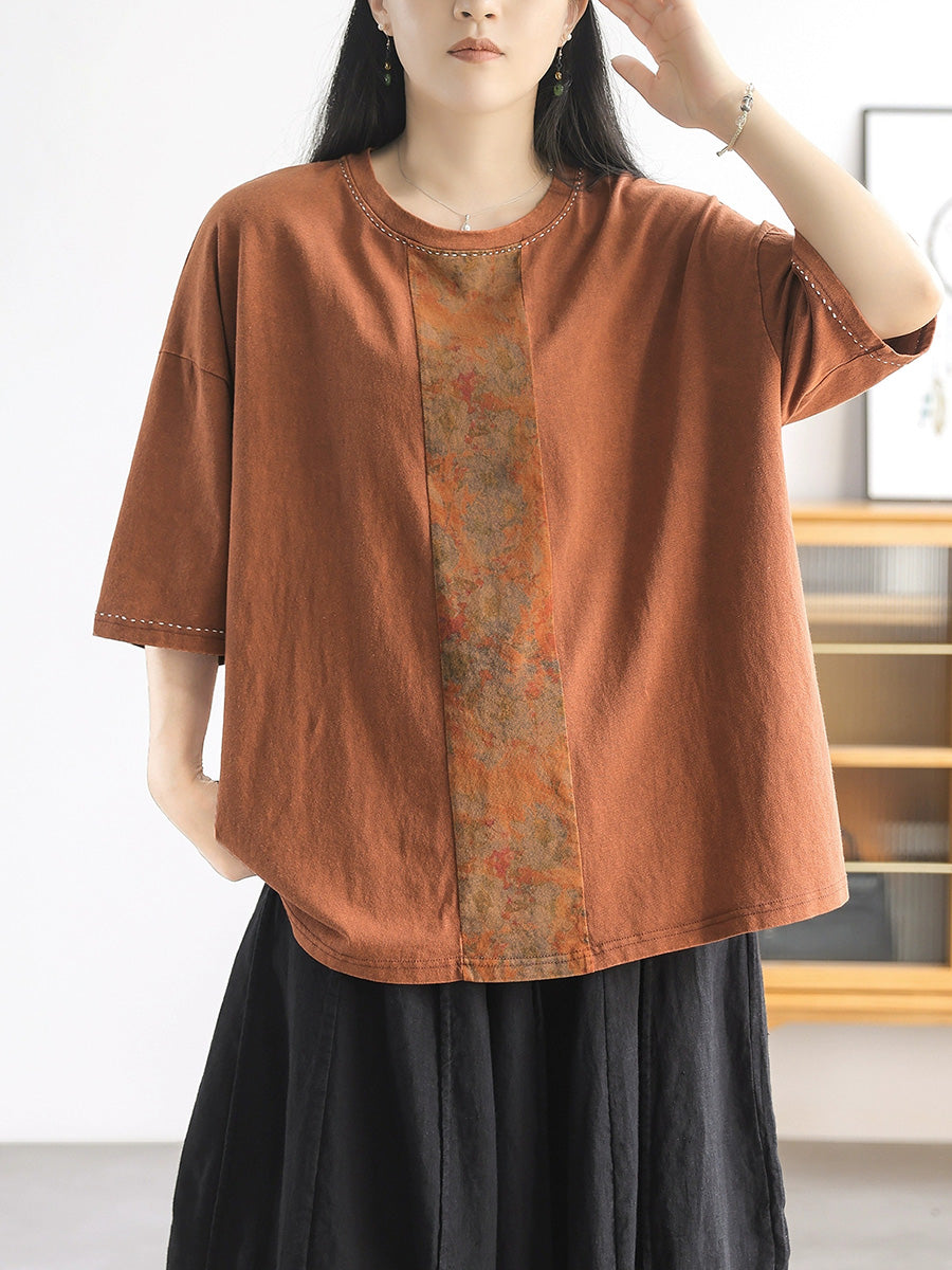 Women Summer Artsy Flower Spliced 100%Cotton O-Neck Shirt