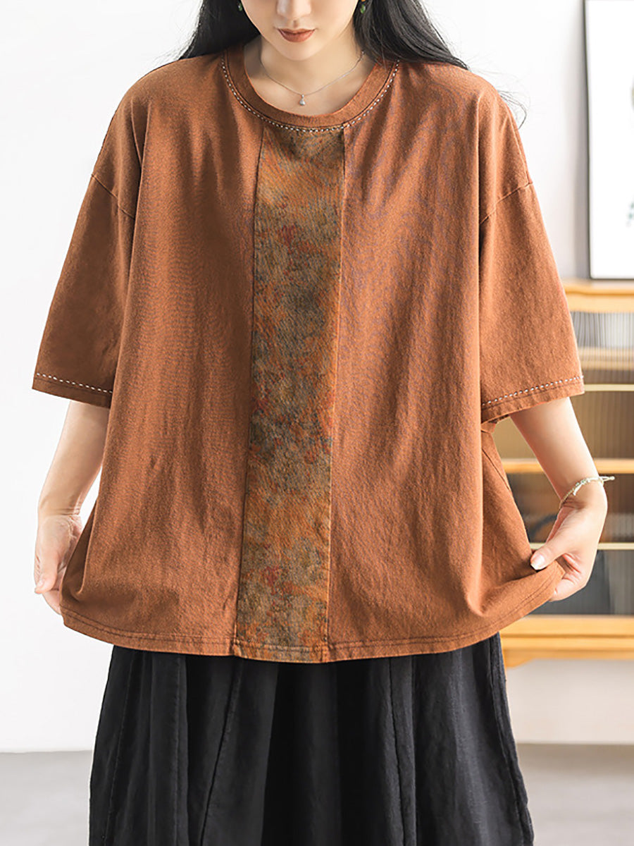 Women Summer Artsy Flower Spliced 100%Cotton O-Neck Shirt