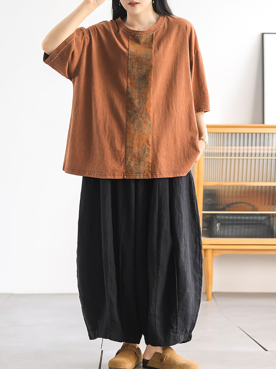 Women Summer Artsy Flower Spliced 100%Cotton O-Neck Shirt