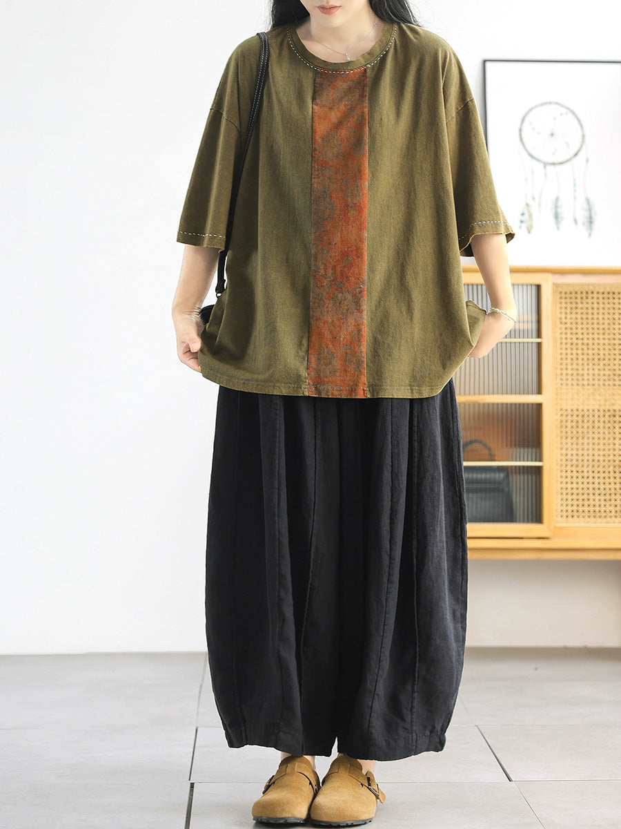 Women Summer Artsy Flower Spliced 100%Cotton O-Neck Shirt