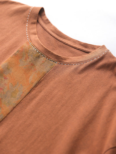 Women Summer Artsy Flower Spliced 100%Cotton O-Neck Shirt