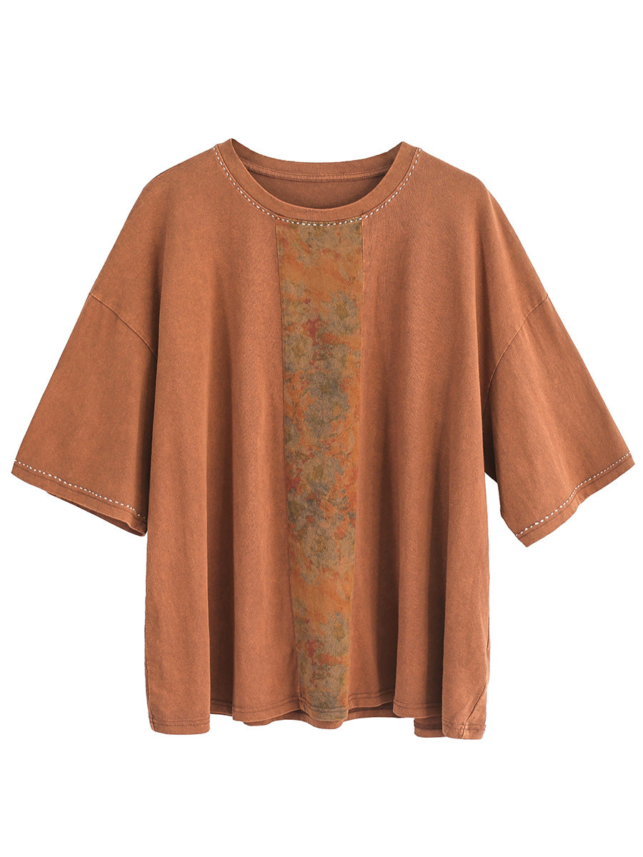 Women Summer Artsy Flower Spliced 100%Cotton O-Neck Shirt