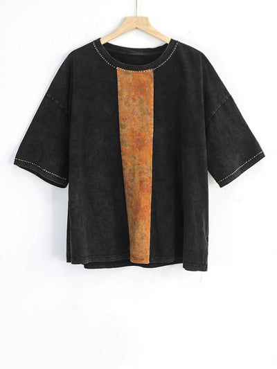 Women Summer Artsy Flower Spliced 100%Cotton O-Neck Shirt