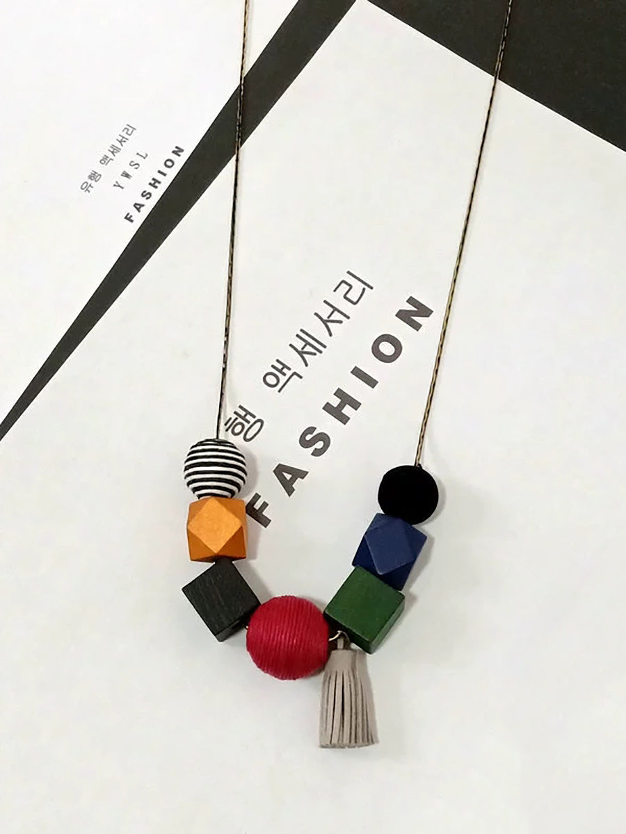 Women Artsy Geometric Wood Tassel Necklace