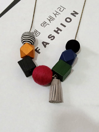 Women Artsy Geometric Wood Tassel Necklace