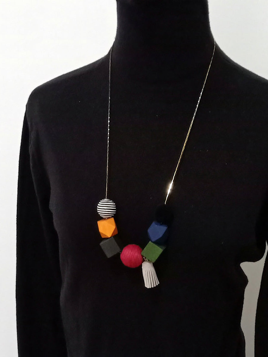 Women Artsy Colorful Geometric Wood Necklace