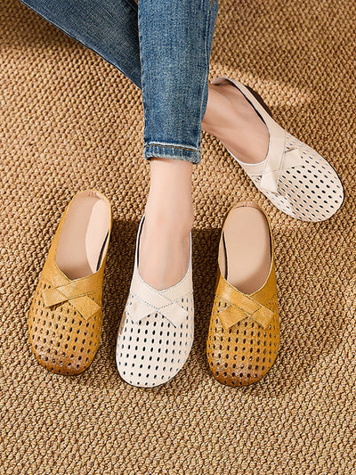 Women Summer Casual Genuine Leather Low Heel Slippers