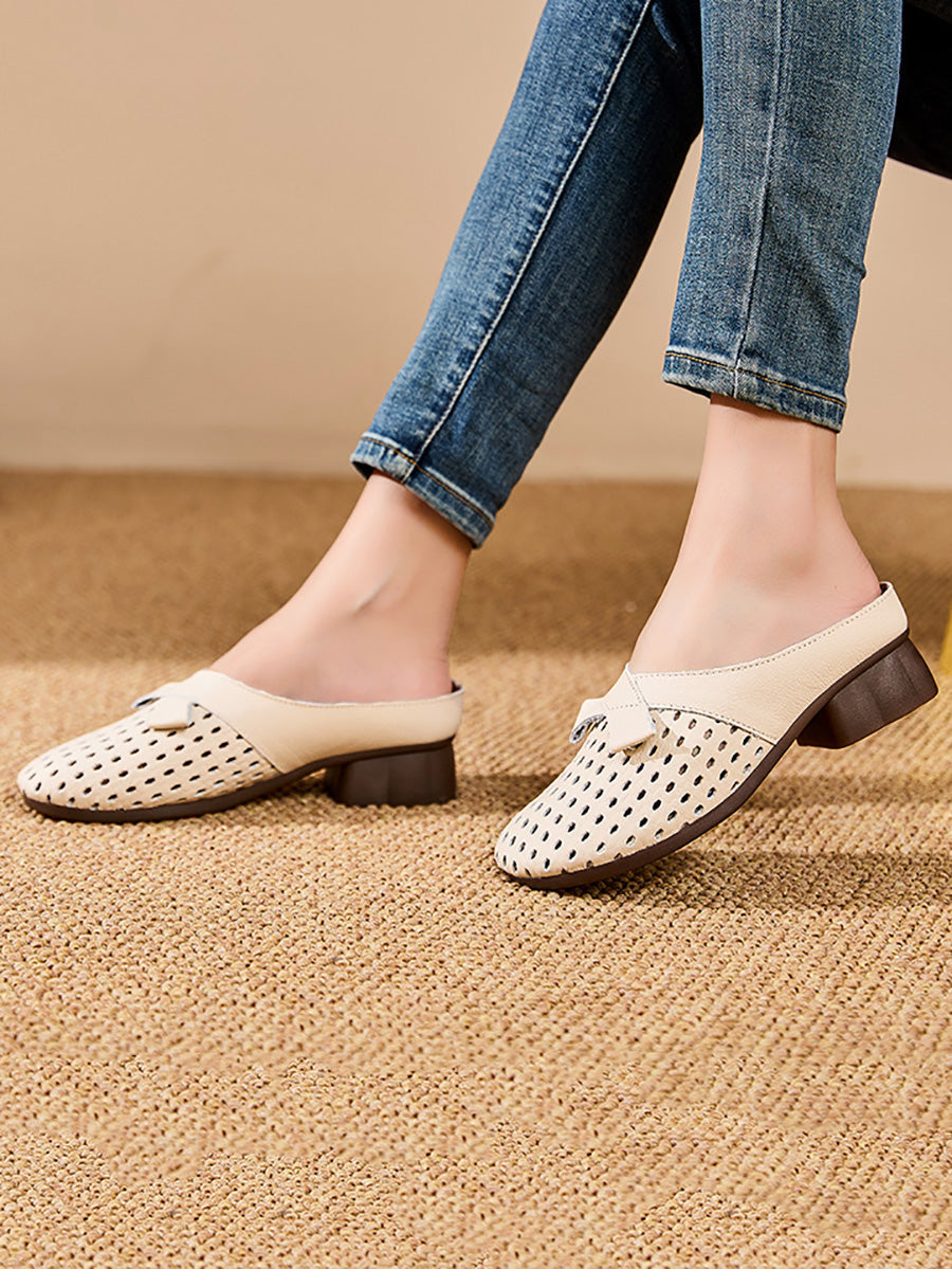 Women Summer Casual Genuine Leather Low Heel Slippers