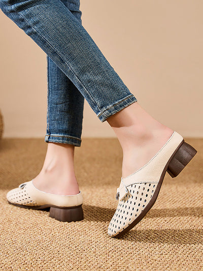 Women Summer Casual Genuine Leather Low Heel Slippers