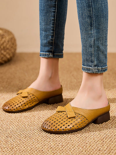 Women Summer Casual Genuine Leather Low Heel Slippers
