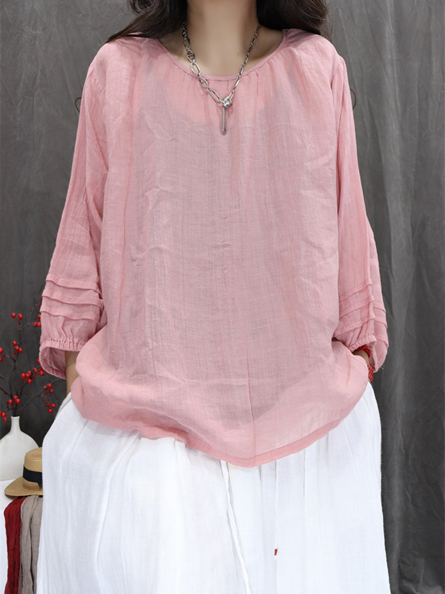 Women Summer Artsy Pure Color 100%Ramie O-Neck Shirt