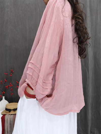 Women Summer Artsy Pure Color 100%Ramie O-Neck Shirt