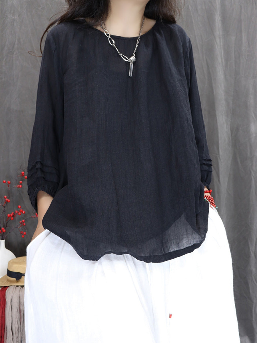 Women Summer Artsy Pure Color 100%Ramie O-Neck Shirt