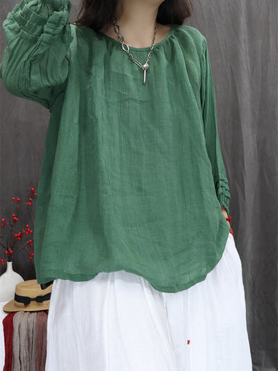 Women Summer Artsy Pure Color 100%Ramie O-Neck Shirt