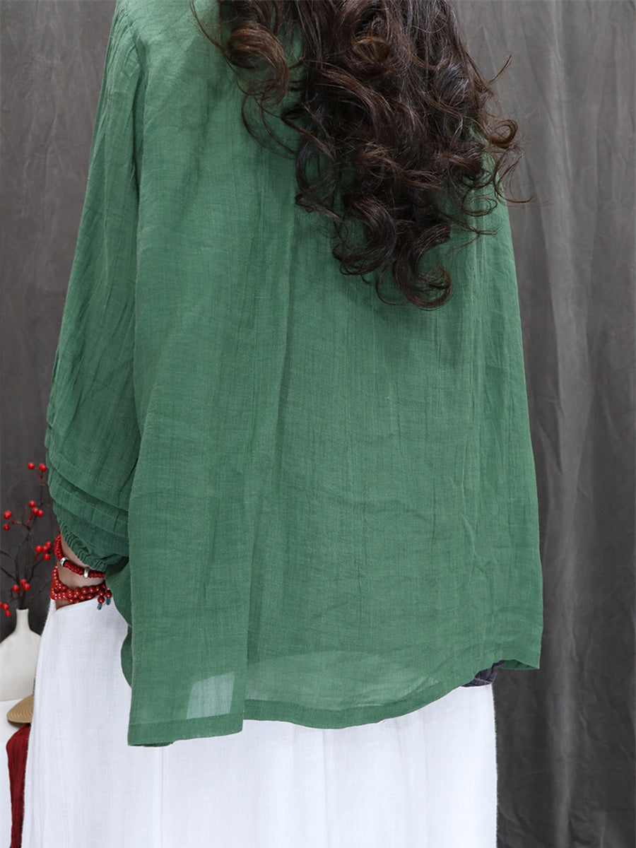 Women Summer Artsy Pure Color 100%Ramie O-Neck Shirt