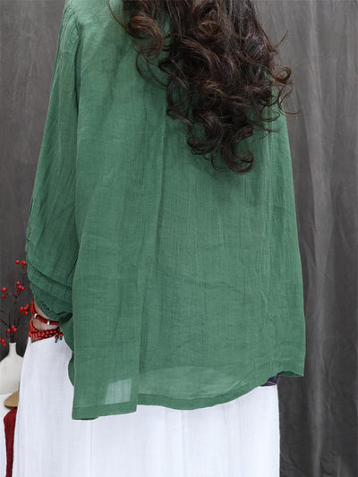 Women Summer Artsy Pure Color 100%Ramie O-Neck Shirt