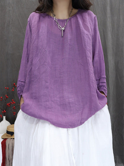 Women Summer Artsy Pure Color 100%Ramie O-Neck Shirt