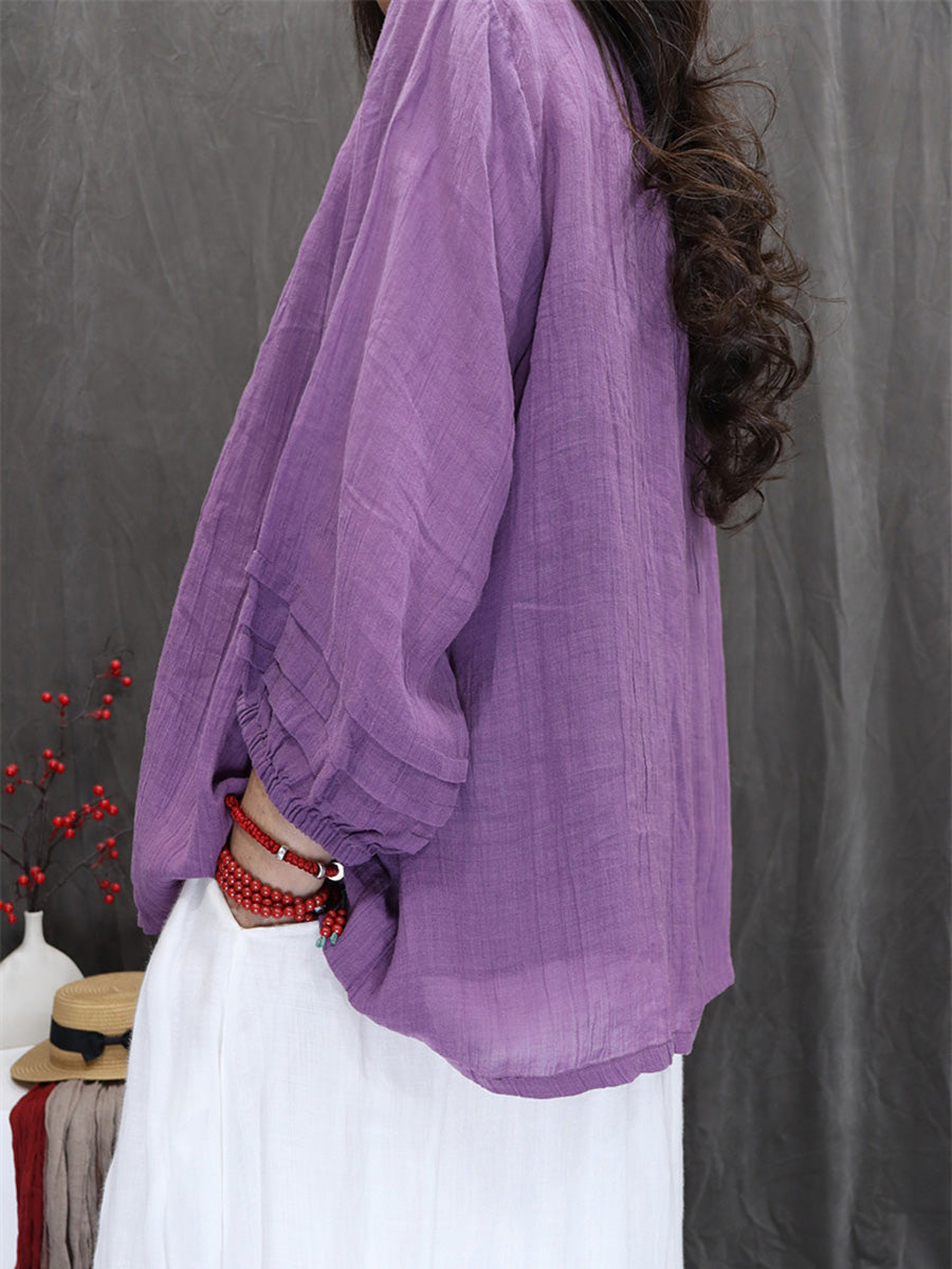 Women Summer Artsy Pure Color 100%Ramie O-Neck Shirt