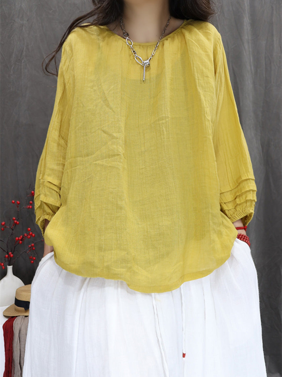 Women Summer Artsy Pure Color 100%Ramie O-Neck Shirt