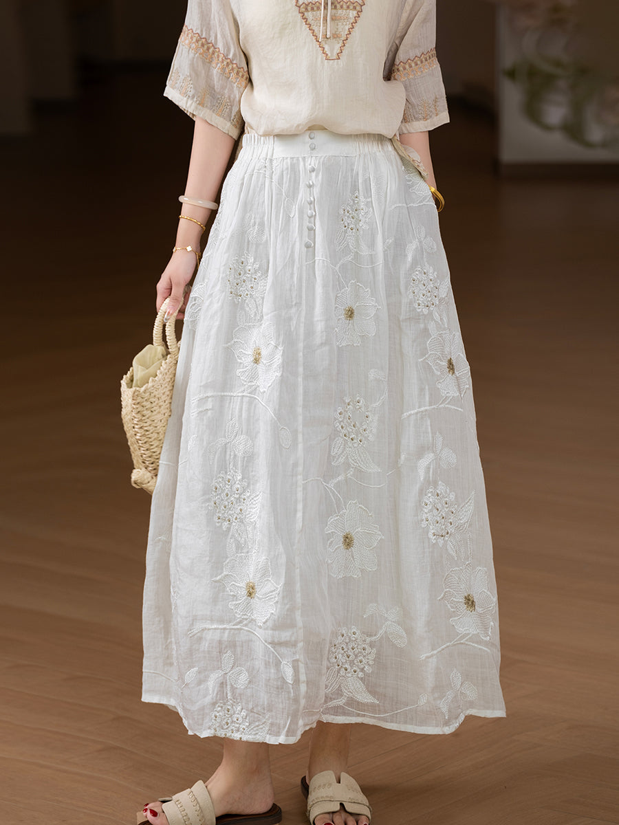 Plus Size Women Summer Artsy Flower Embroidery 100%Ramie Skirt