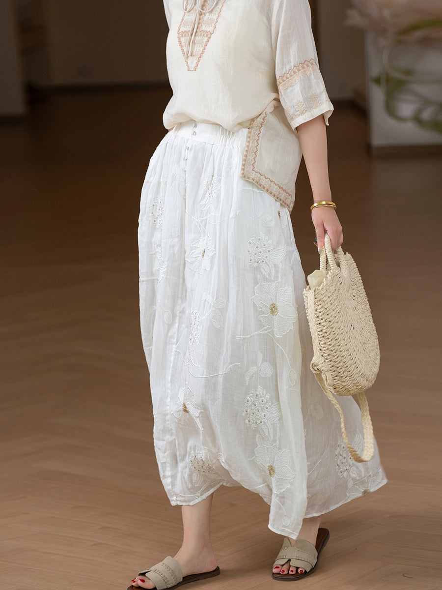 Plus Size Women Summer Artsy Flower Embroidery 100%Ramie Skirt