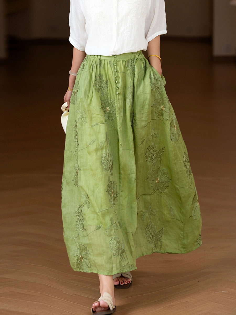 Plus Size Women Summer Artsy Flower Embroidery 100%Ramie Skirt