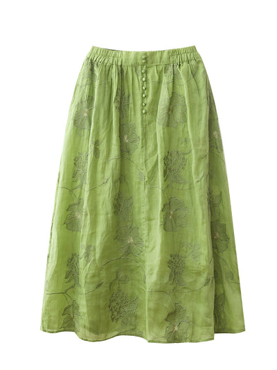Plus Size Women Summer Artsy Flower Embroidery 100%Ramie Skirt