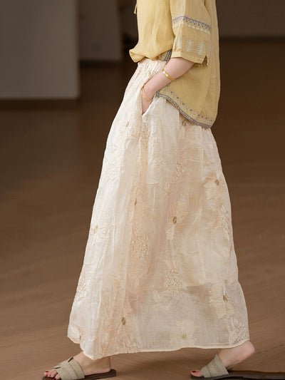 Plus Size Women Summer Artsy Flower Embroidery 100%Ramie Skirt