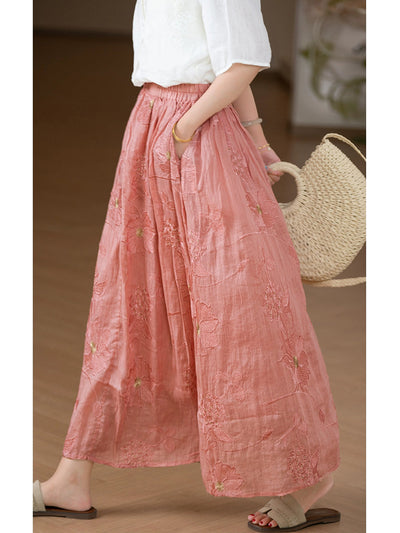 Plus Size Women Summer Artsy Flower Embroidery 100%Ramie Skirt